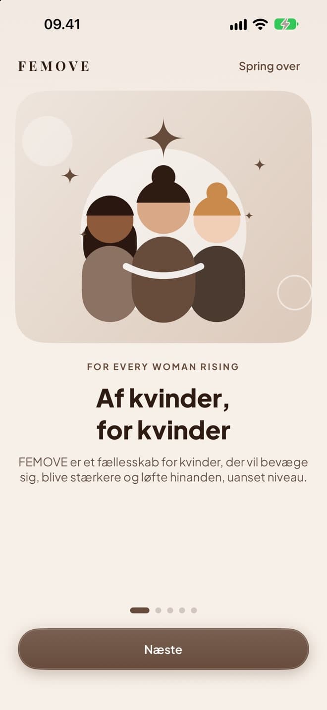 FEMOVE-appens velkomstskærm: Af kvinder, for kvinder