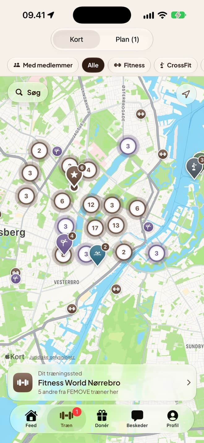 Kortet over træningssteder i appen